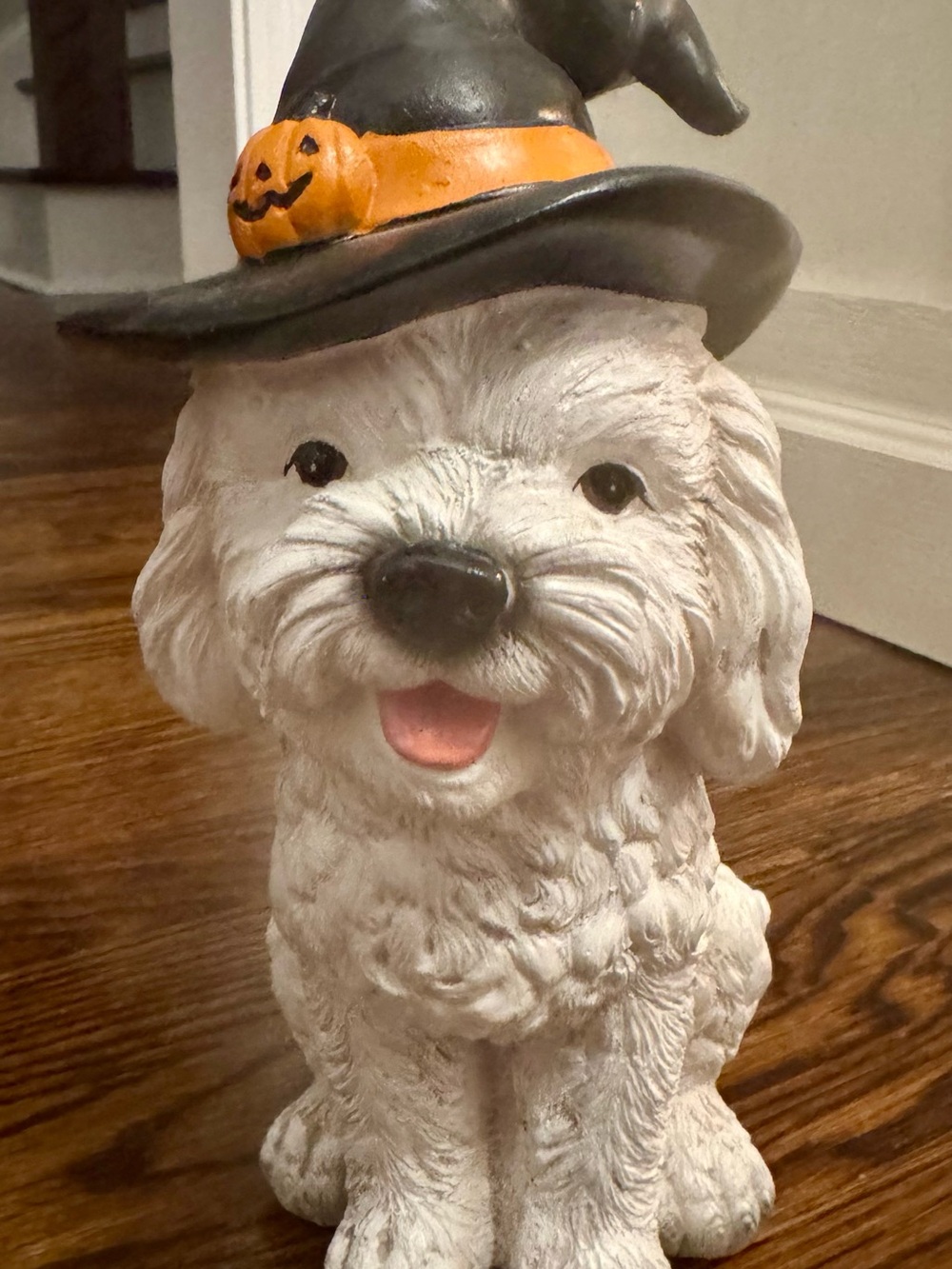 White Maltese Halloween Dog Statue with Black Witch Hat - Picture 2 of 12